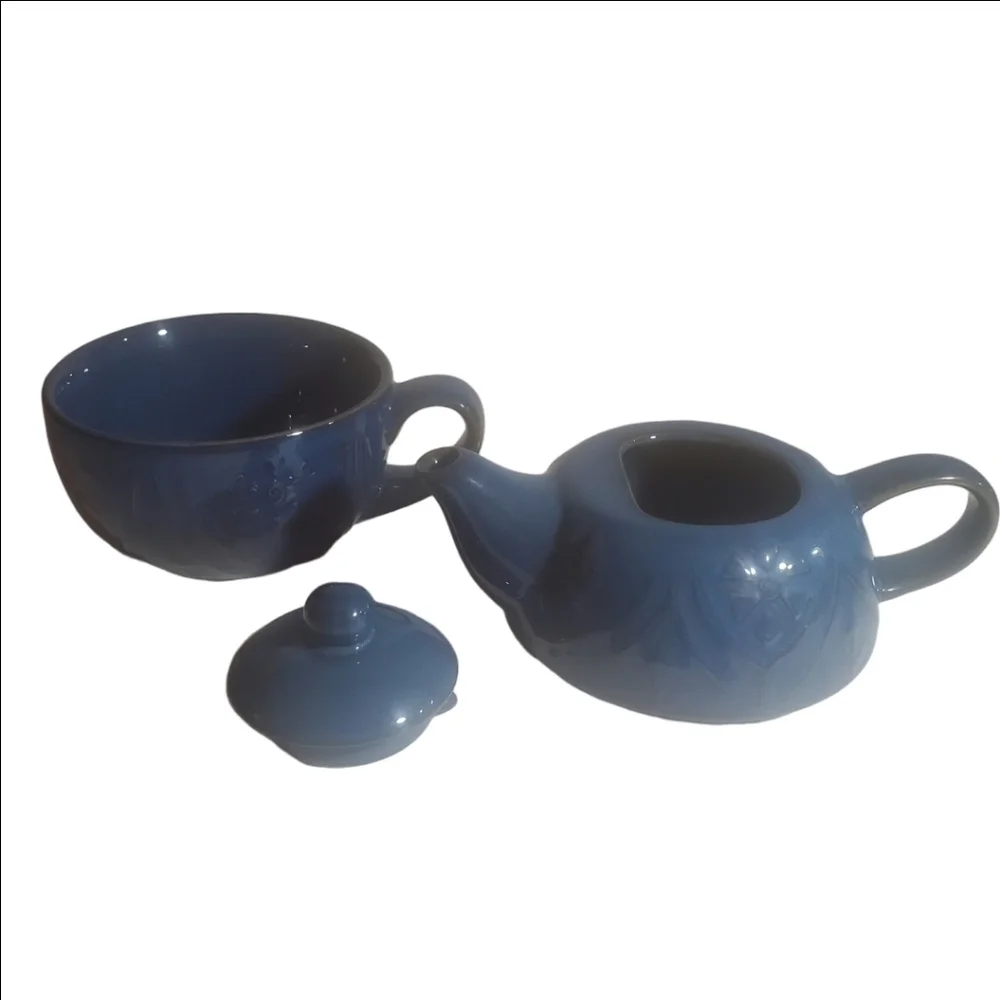 Vintage PIER 1 'Tea For One' Ceramic Stonewear Teapot Tea Cup Set Blue EUC
